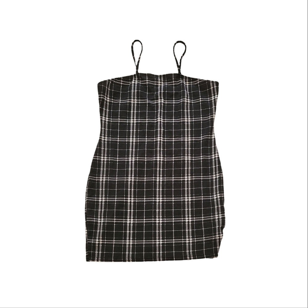 SHEIN Black & White Plaid Spaghetti Strap Body Con Stretchy Mini Dress